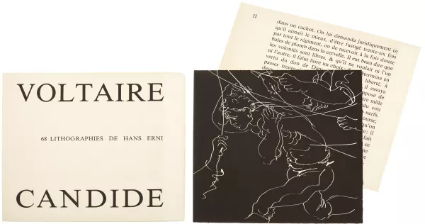 Objektbeschrieb : Candide ou l'Optimisme. Nach dem Originaltext aus "Collection complète des oeuvres de Mr. de Voltaire" von 1772. Mit 1993 datierter Gefälligkeitszeichnung und Widmung des Künstlers.