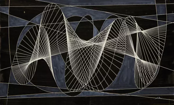 Spiralen und Flächen auf schwarzem Grund