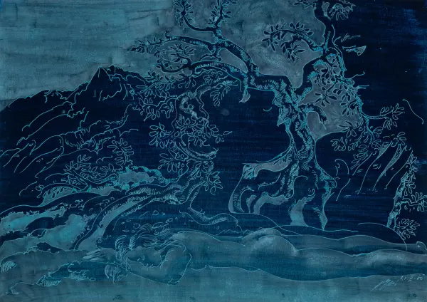 Schlafender weiblicher Akt in Landschaft. 1980