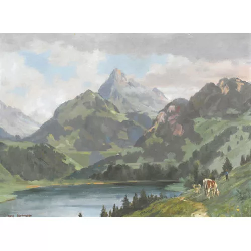 Hans Gartmeier — "Alphirt mit Rindern am Schwarzsee".