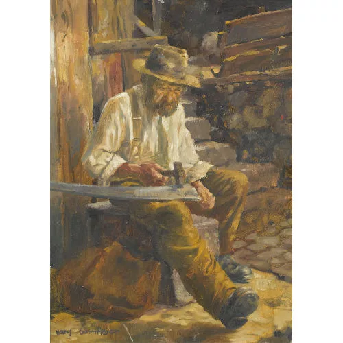 Hans Gartmeier — Bauer bei der Reparatur des Senseblattes.