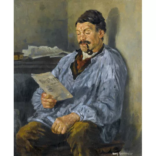 Hans Gartmeier — "Lesender Bauer in der Ofenecke".