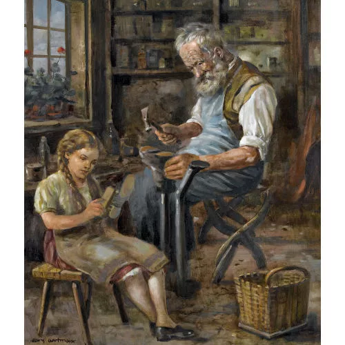 Hans Gartmeier — Schuster bei der Arbeit mit seiner Enkelin.