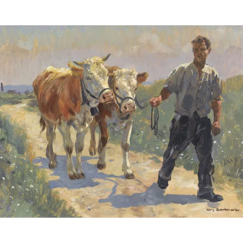 Hans Gartmeier — Bauer mit zwei Kühen auf einer Landstrasse.