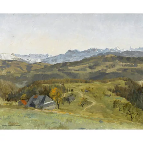Hans Gartmeier — Emmentaler Landschaft mit Bauernhof vor der Stockhornkette.
