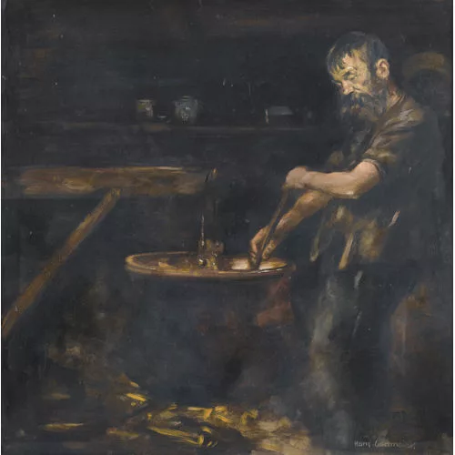 Hans Gartmeier — Alphütteninterieur mit Käser am Kessel.