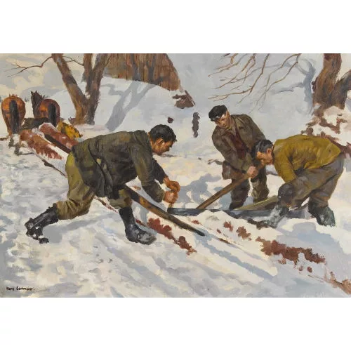 Hans Gartmeier — Waldarbeiter beim Sägen im Schnee.