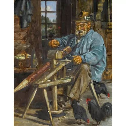 Sitzender Bauer beim Hobeln