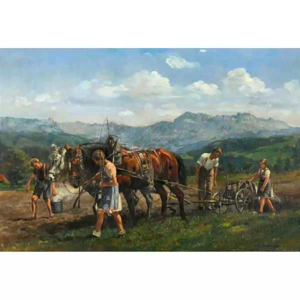 Bauernfamilie mit Pferden beim Pflügen