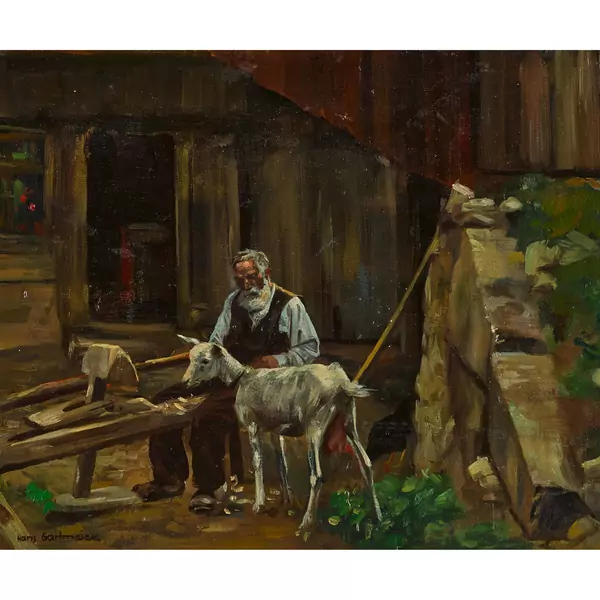 Hobelnder Bauer mit Ziege