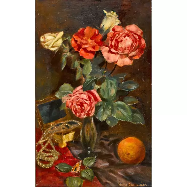 Stillleben mit Rosen und Perlenschmuck