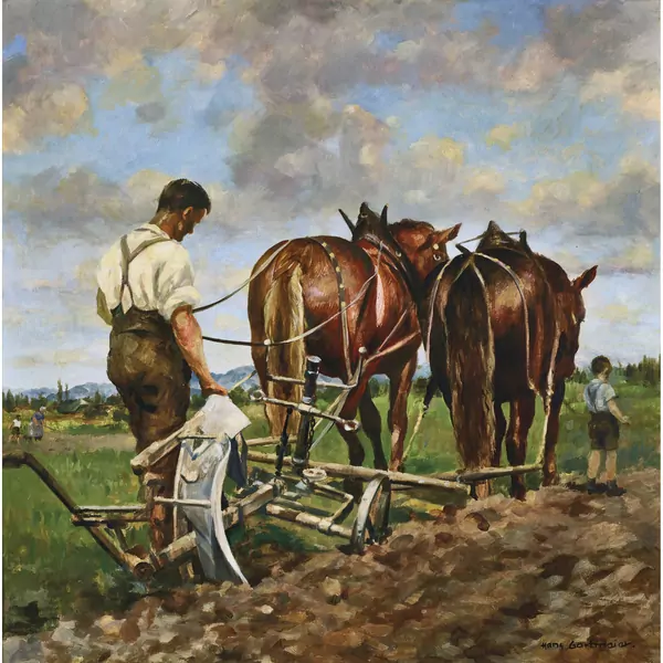 Bauer mit Pflug und Sohn auf dem Feld
