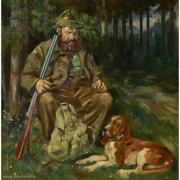 Sitzender Jäger mit Hund