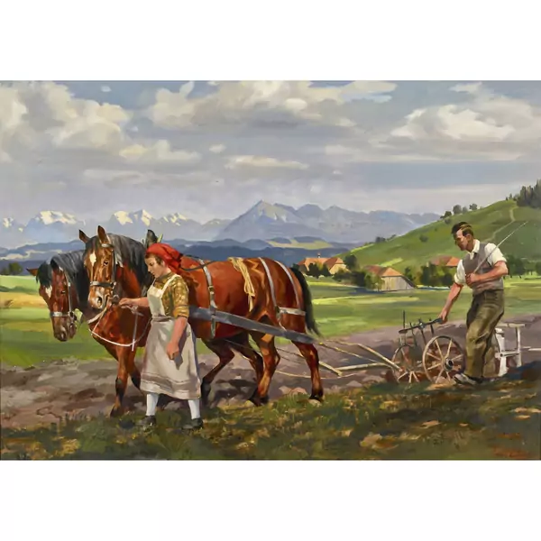 Bauer mit Frau bei der Pflugarbeit
