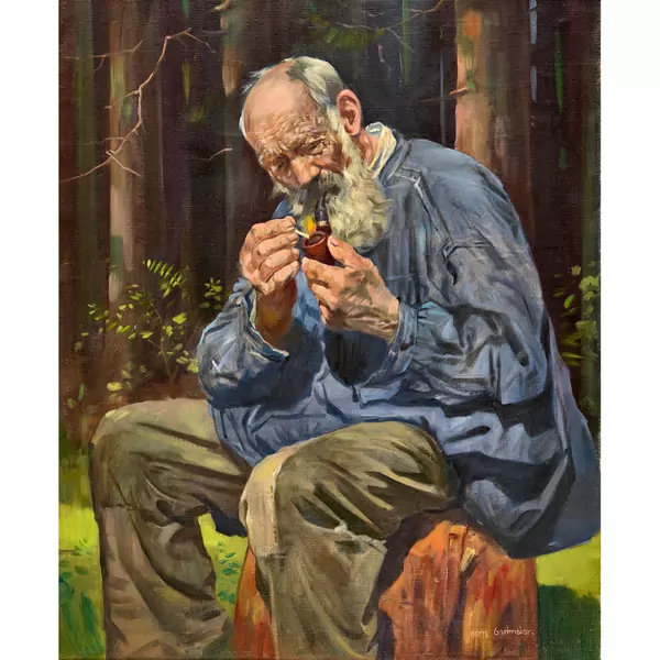 Sitzender Bauer mit Pfeife im Wald