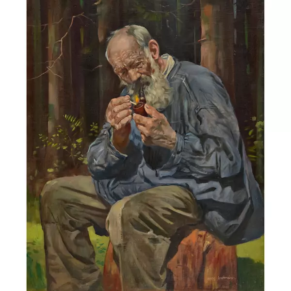 Sitzender Bauer mit Pfeife im Wald