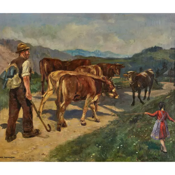 Bauer, kleine Viehtreiberin und Kühe auf dem Weg