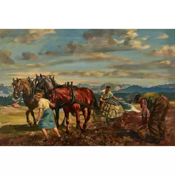 Bauernfamilie bei der Pflugarbeit