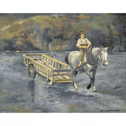 Hans Gartmeier — Flusspartie mit Bauernbub auf einem Schimmel.