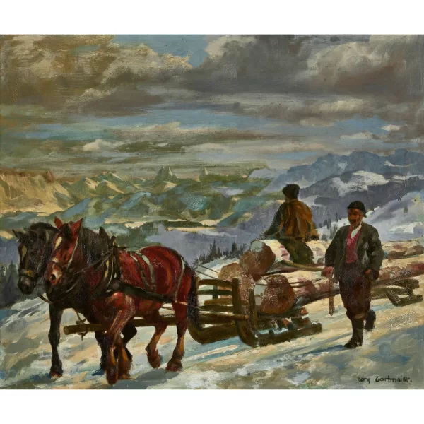 Hans Gartmeier — "Holzfuhre im Emmental mit Schrattenfluh und Alpen".