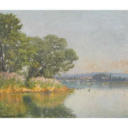 Hans Herzog — Seeufer im Abendrot.