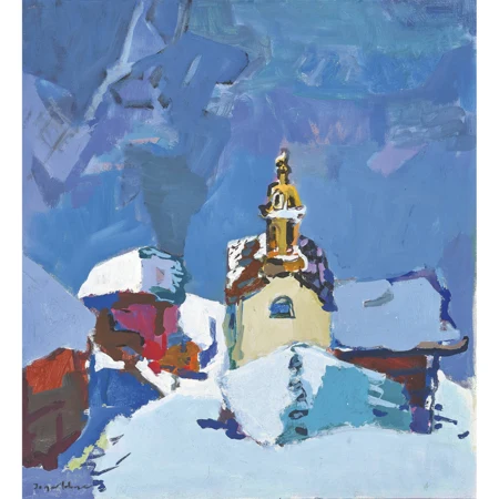 Verschneites Bergdorf mit Kirche