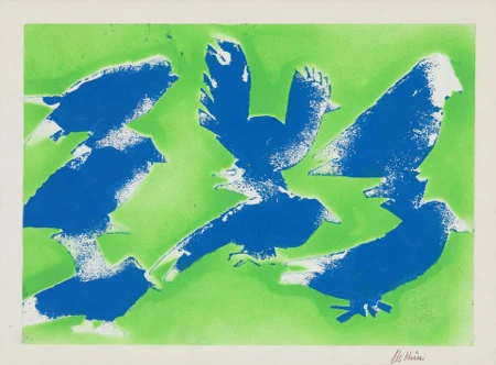 Blaue Vögel auf grünem Grund