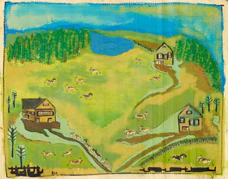 Landschaft mit drei Häusern und Kühen, 1980
