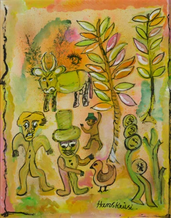 Figuren und Kuh unter Bäumen