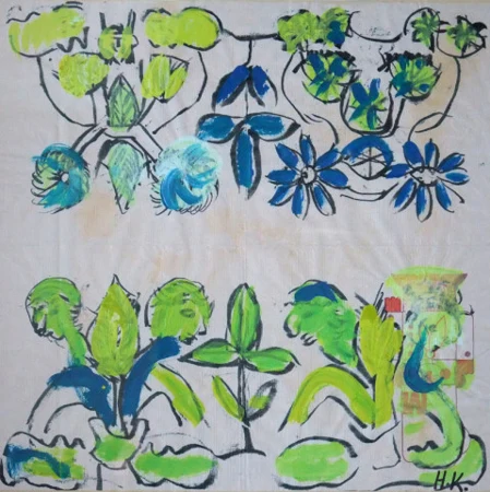 Komposition mit Blumen, Köpfen und Blättern