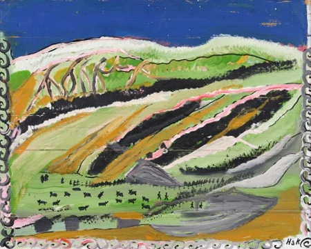 Landschaft mit Kühen und Menschen