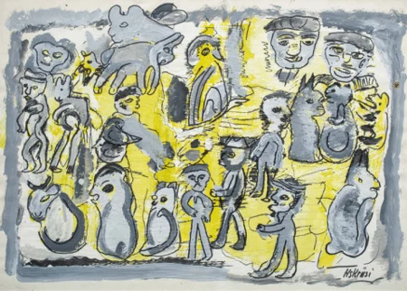 Figuren und Tiere vor gelbem Hintergrund