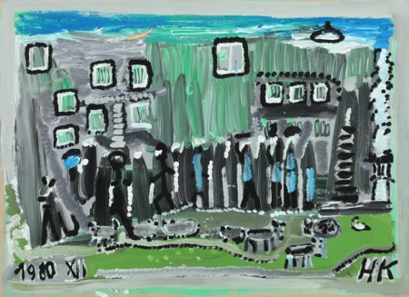 Menschen und Tiere vor Häuserfront, 1980