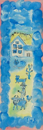 Bauernhaus mit Mensch, Kuh, Hund und Katze