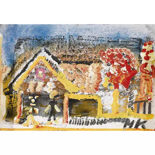 Haus mit Figuren und Baum