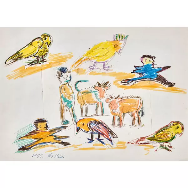 Kühe, Vögel und Figuren