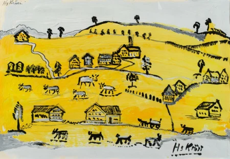 Gelbe Landschaften mit Häusern und Kühen