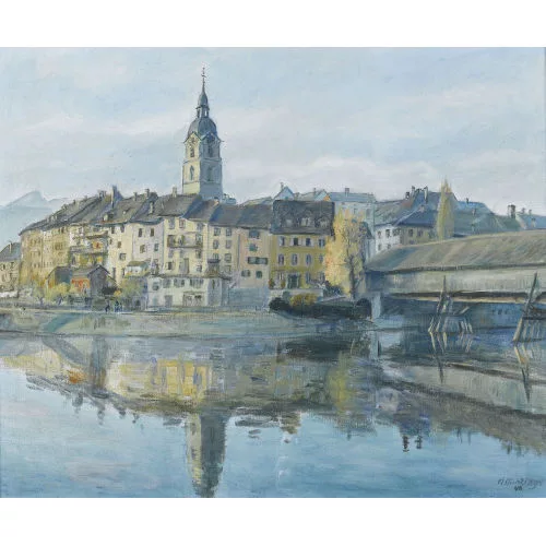 Hans Munzinger — Ansicht der Altstadt von Olten mit Holzbrücke.