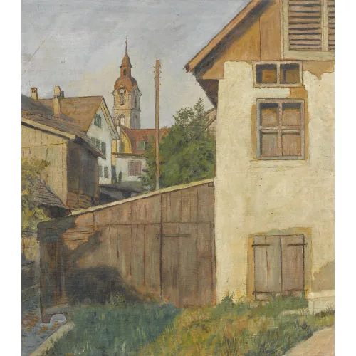 Hans Munzinger — Häuserpartie in Olten mit Kirchturm.