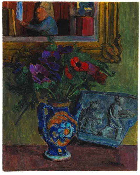 Hans Purrmann — Stillleben mit Anemonen, Relief und Spiegel mit Selbstbildnis