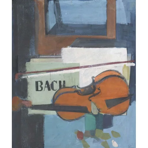 Hans Rohner — Komposition mit Violine und Notenbuch von J.S. Bach.