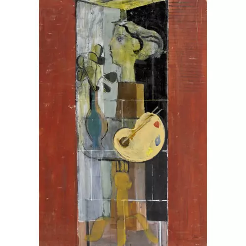 Atelier-Stillleben mit Farbpalette