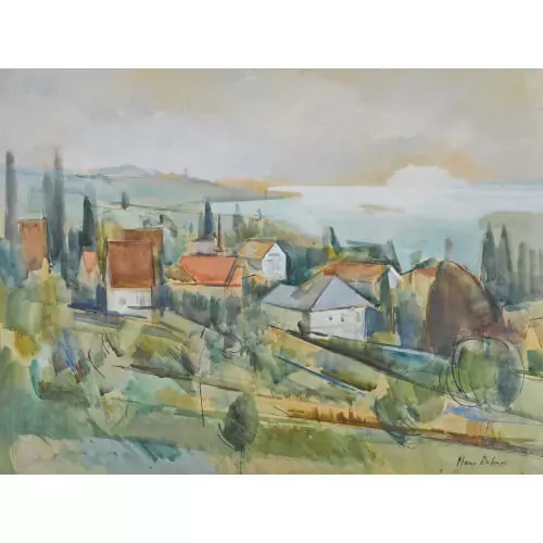 Landschaft mit Dorf an einem See