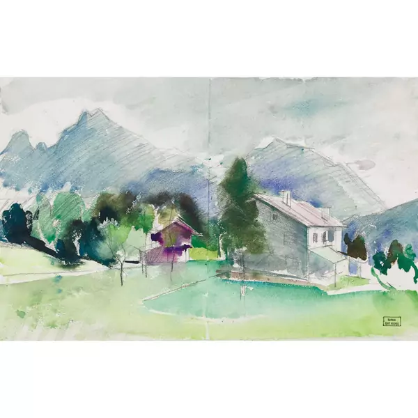 Landschaftspartie mit Häusern und Bergen