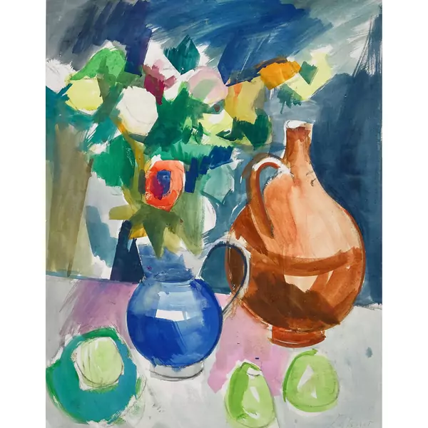 Stillleben mit Blumen und Henkelkrügen