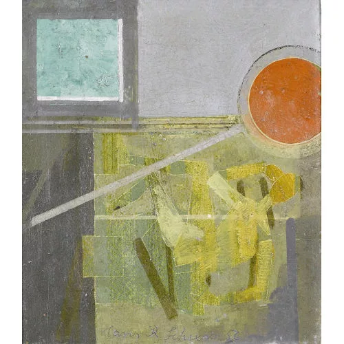 Hans Rudolf Schiess — Komposition mit Verkehrstafel und fallender Figur.