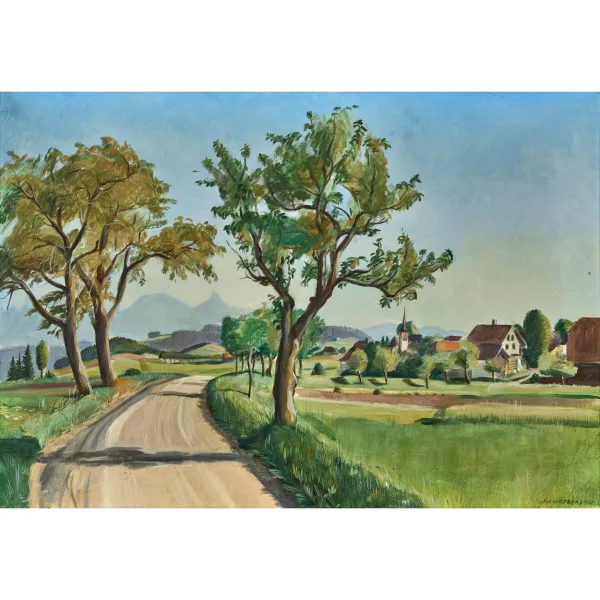 Hans Rudolf Schwarzenbach — Sommerlicher Weg mit Dorf.