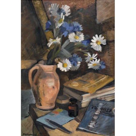 Stillleben mit Blumen und Büchern