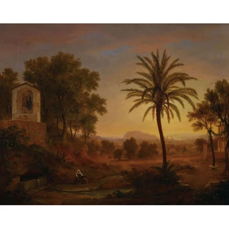Südliche Landschaft im Abendrot mit Bäuerin
