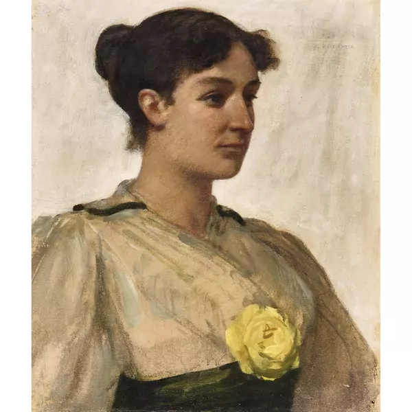 Brustporträt von Margrit Sandreuter mit gelber Rose